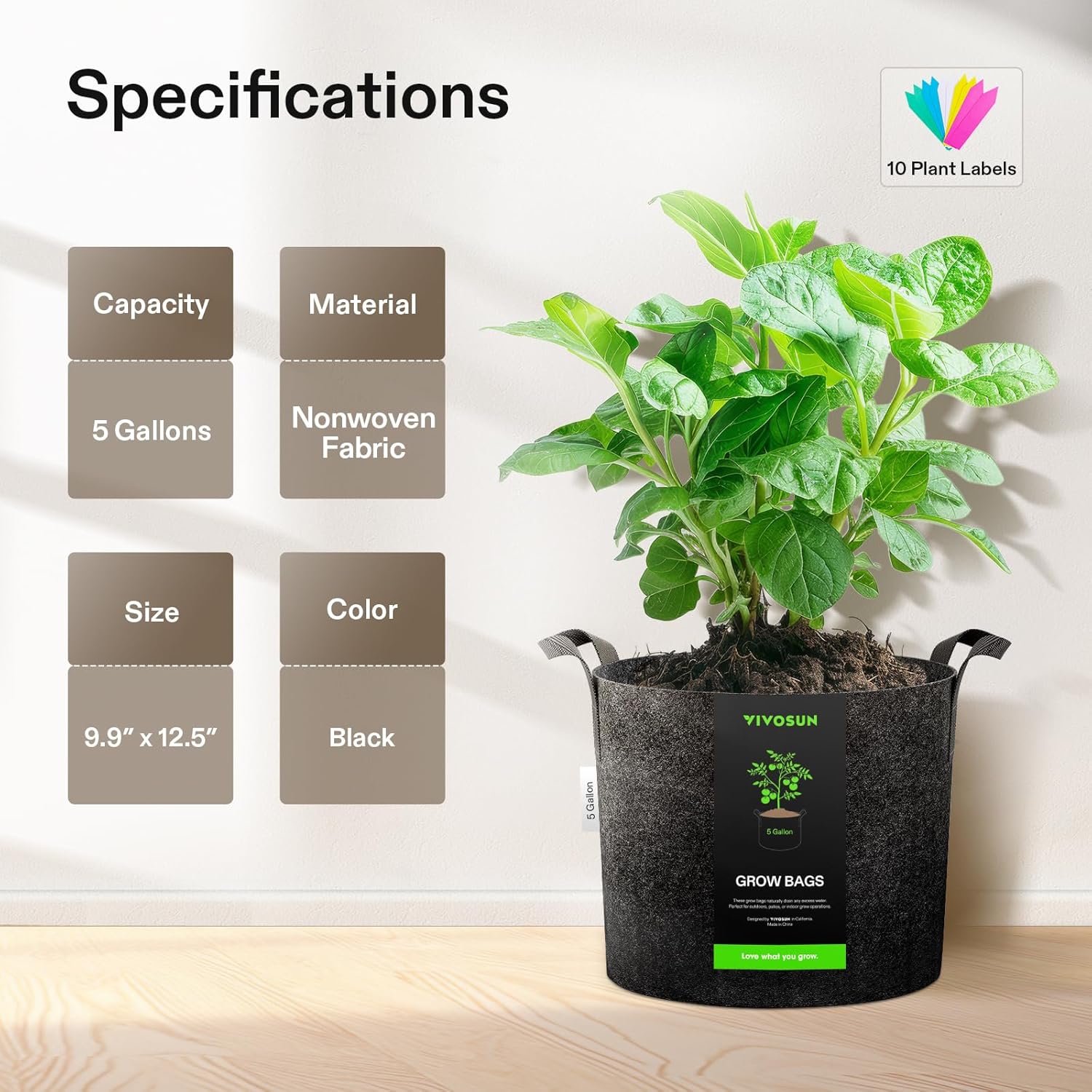 VIVOSUN 20-Pack 5 Gallon Grow Bags - Heavy Duty Nonwoven Fabric Pots with Handles for Plants | Black