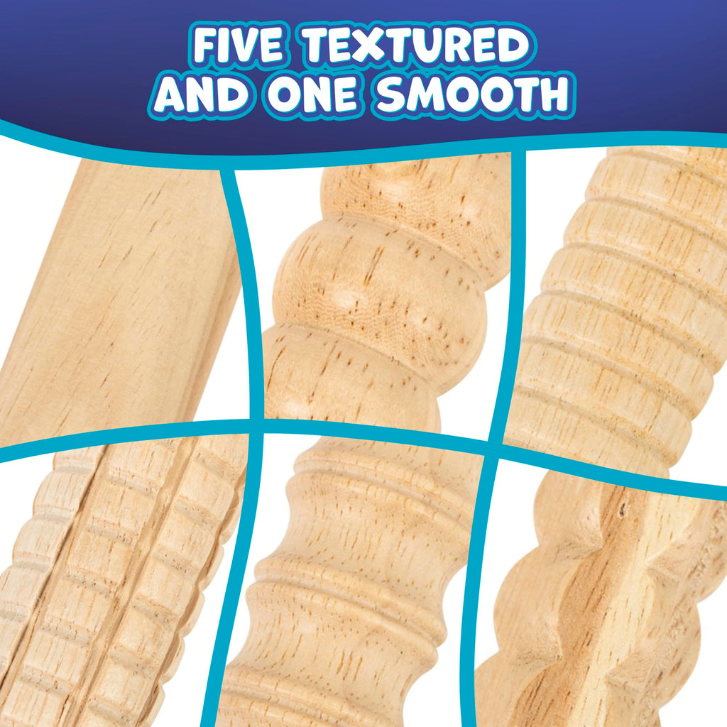 Ready 2 Learn Mini Textured Wooden Rolling Pins | Set of 6 | 7.25 inches | Turning Handles | Rollers for Kids' Dough, Crafts, Imaginative Play