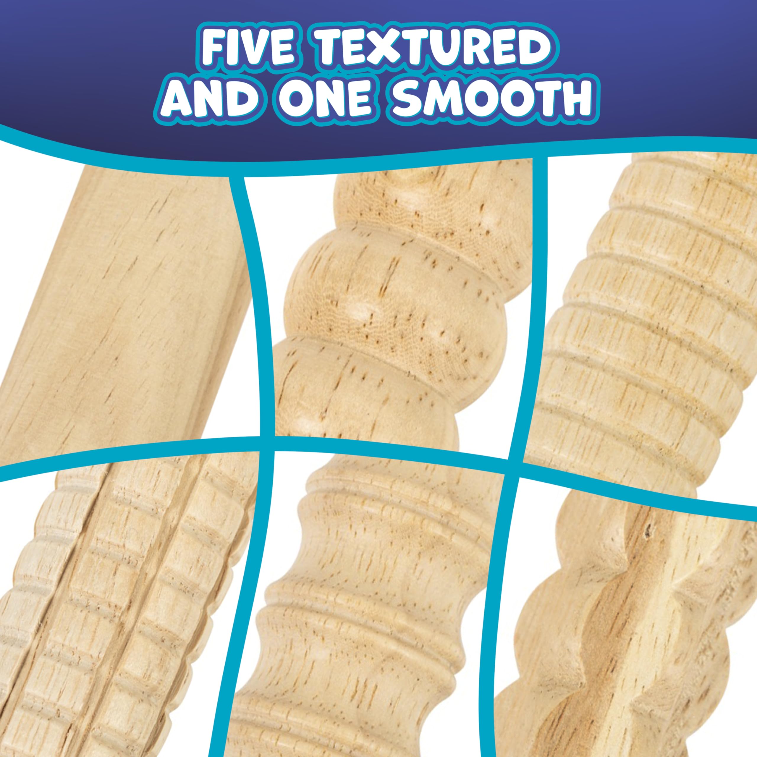 Ready 2 Learn Mini Textured Wooden Rolling Pins | Set of 6 | 7.25 inches | Turning Handles | Rollers for Kids' Dough, Crafts, Imaginative Play