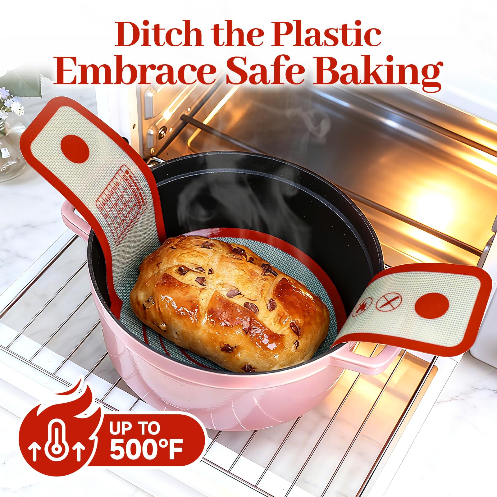 Silicone Bread Sling for Dutch Oven Oval and Round, 2PCS Non-stick & Easy to Clean Reusable Round Bread Baking Mat Set with Long Handles, Oven Liners, Sourdough Bread Baking Supplies