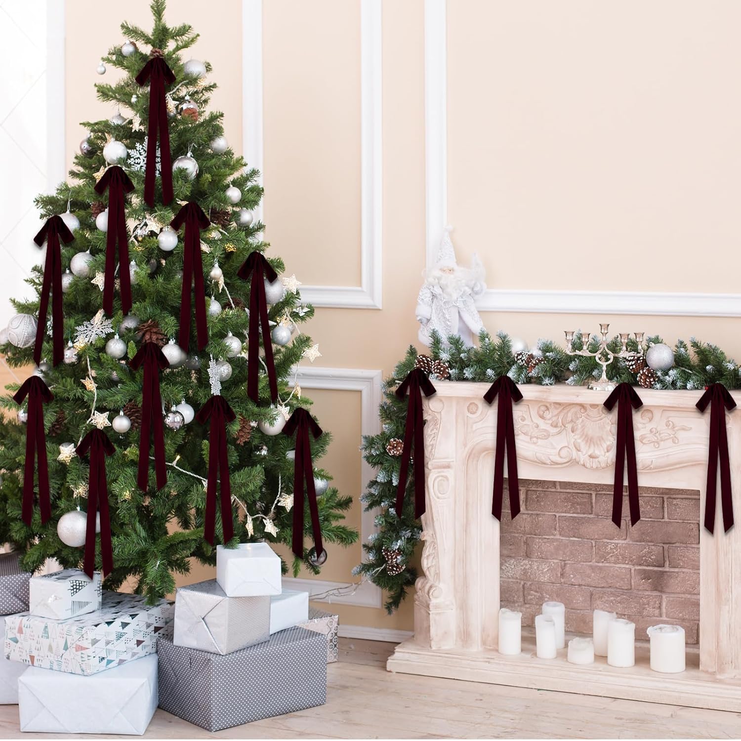 Skiennix 24 Pcs Velvet Bows - Vintage Ribbon Decorations for Christmas Tree & Crafts | Burgundy, 9 x 13 Inch