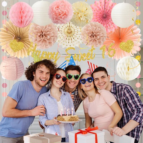 Vlipoeasn Blush Pink Sweet 16 Birthday Decorations for Girls, Retro Beige 16th Birthday Party Decor with Paper Pom Pom, Fan, Lantern, Happy 16 Year Old Party Supplies