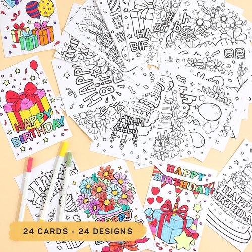 Birthday Coloring Cards - 24 Unique Blank Greeting Card Set with Cakes, Flowers & Gifts | DIY Art Craft for Kids, Adults | Holiday Gift Ideas for Mom, Friends | Thank You & Greeting Card Collection