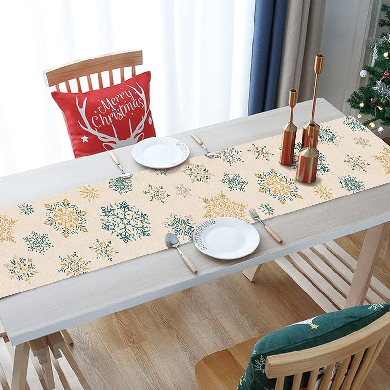 Seliem Winter Gold Blue Snowflakes Table Runner 13" x 90" - Farmhouse Linen
