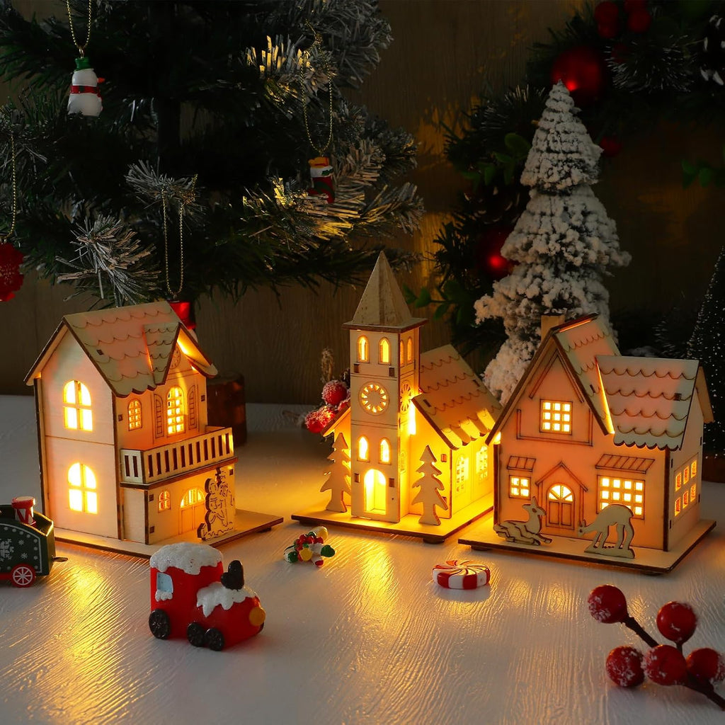 Skiennix Christmas Village Houses - LED Light Wooden Decor | Unfinished Rustic Design for Holiday Centerpieces