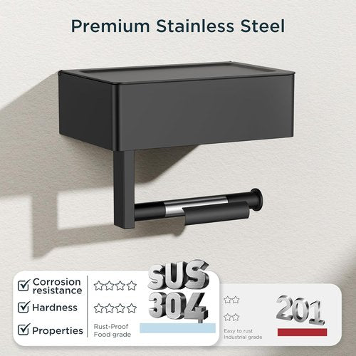 FORIOUS Toilet Paper Holder - Wall-Mounted Storage with Shelf & Tampon Receptacle - Matte Black