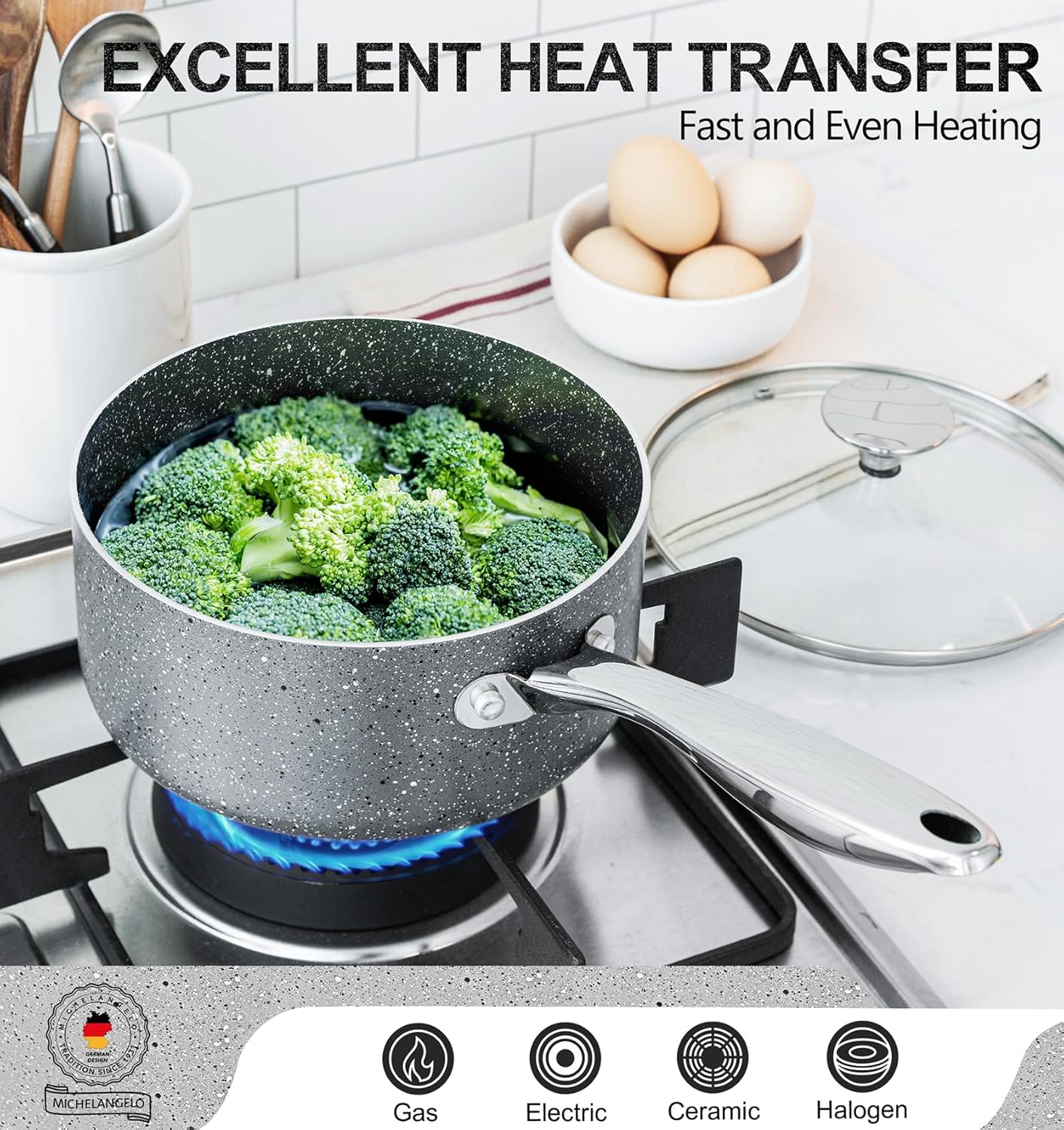 MICHELANGELO Nonstick Sauce Pan with Lid - 1 Quart Granite Cookware with Stainless Steel Handle | Grey