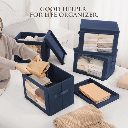 Homsorout Stackable Storage Bins - Large Fabric Closet Organizer Baskets with Lids | 5-Pack, Navy Blue