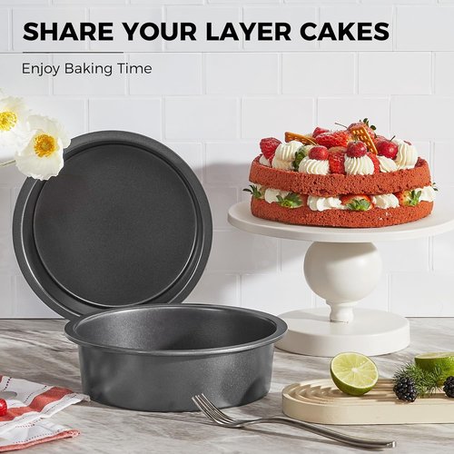 HONGBAKE Round Cake Pan Set - Nonstick 8-Inch Deeper Cake Pans with Wider Grips | 2-Piece Grey Set
