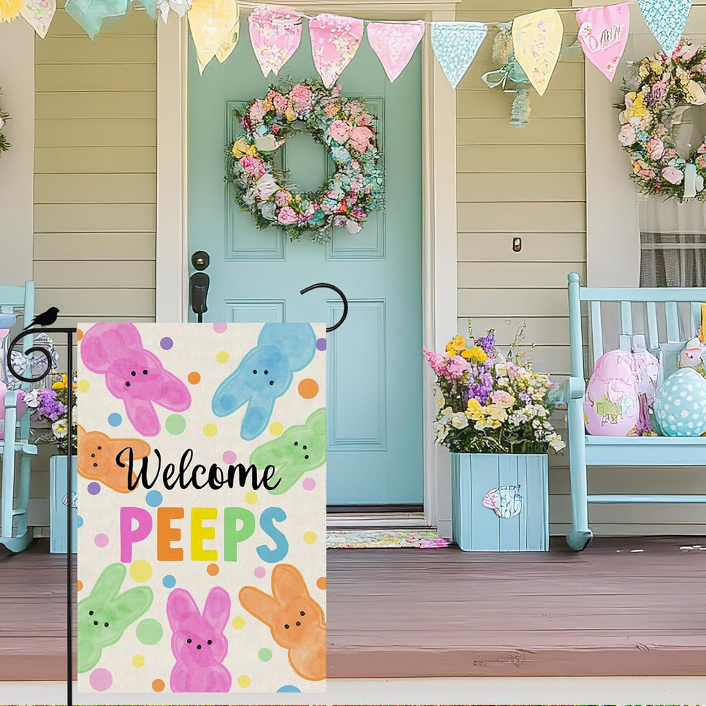 Welcome Easter Garden Flag - Colorful Dots Cute Bunny Watercolor Design | 12x18 Inch Double-Sided