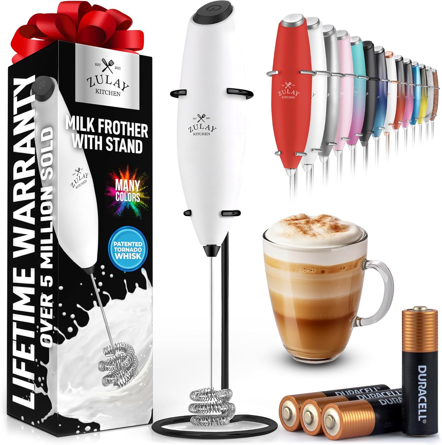 Zulay Kitchen Tornado Triple Whisk Milk Frother - Handheld Foam Maker for Coffee & Lattes | Includes 4 Duracell Batteries - White & Black