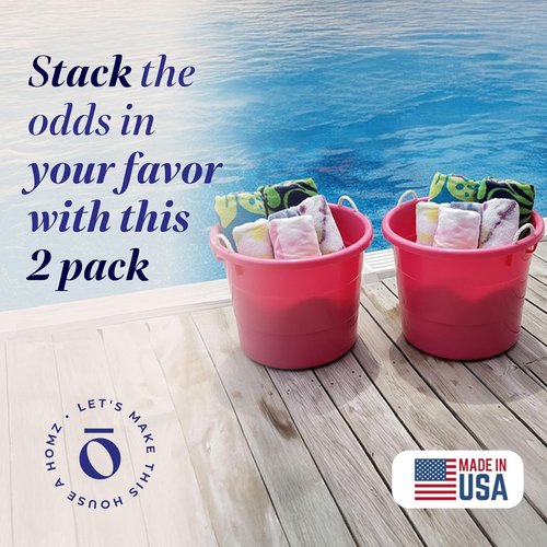 HOMZ 18 Gallon Utility Tub - Large Pink Plastic Storage Bucket with Rope Handles for Indoor/Outdoor Use