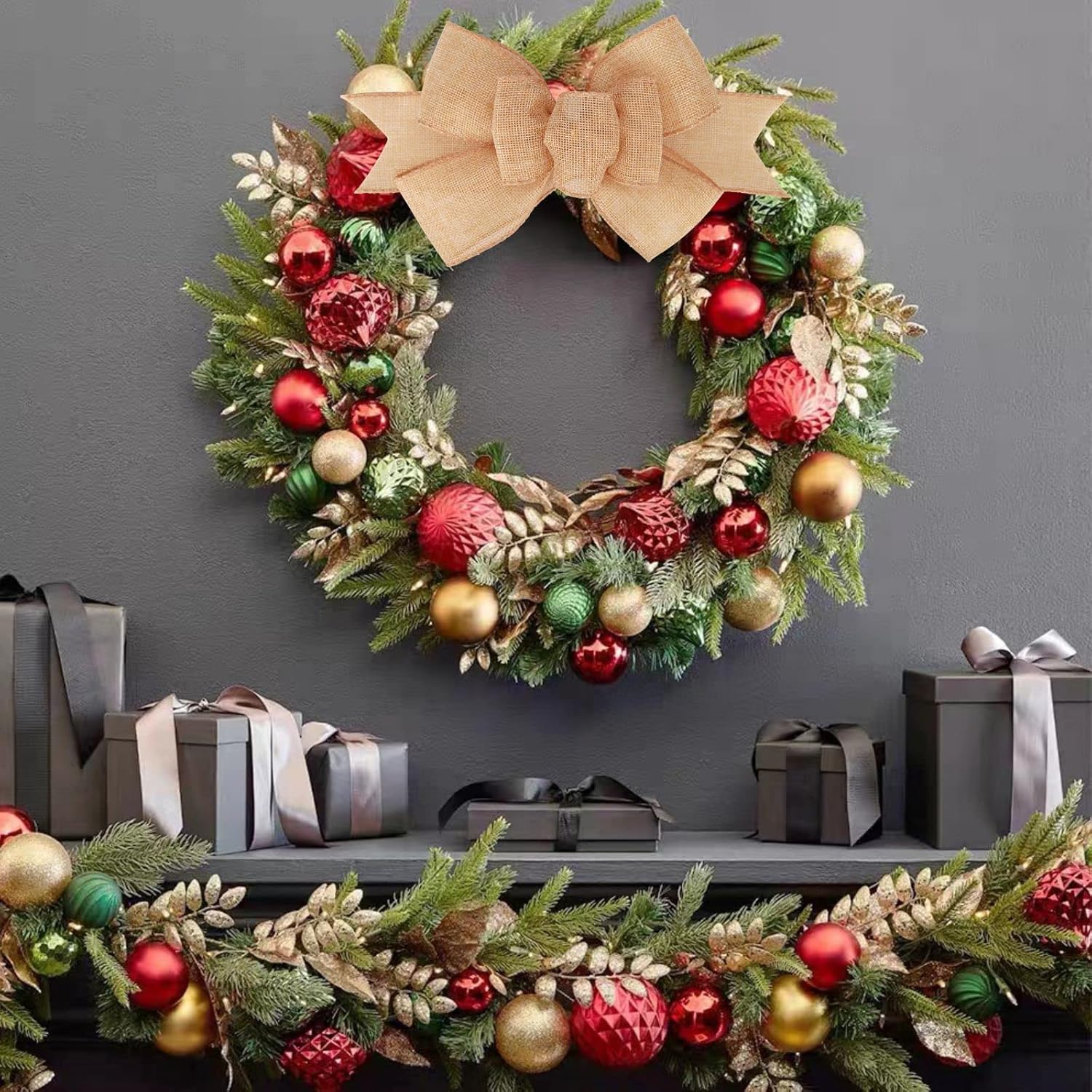 Meseey Natural Burlap Wired Ribbon - Handmade Premade Bows for Wreaths & Gift Wrapping | 2 Pcs Set