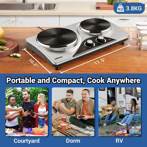 Double Burner, CUSIMAX 1800 Watts Electric Hot Plate for Cooking, Countertop Burner Portable Cast Iron Hot Plates with Dual Adjustable Temperature, Easy to Clean, Sliver