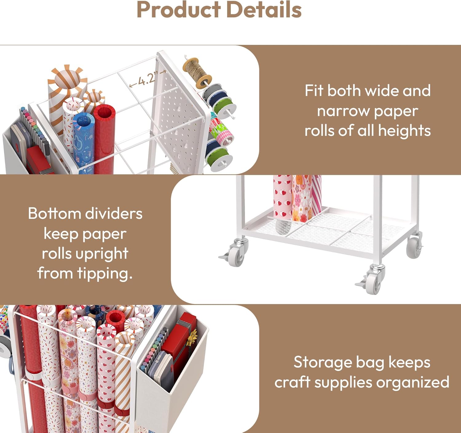 Skiennix Gift Wrapping Station - 12PCS Slap Bands & Rolling Organizer Cart for Christmas Crafts