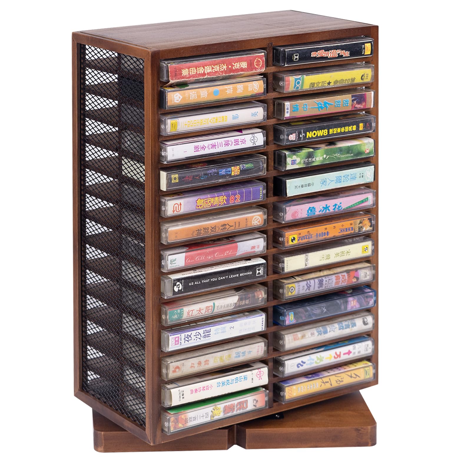 WodGod Cassette Tape Storage Box, Wood Cassette Rack, Wooden Cassette Tape Holder 360-Degree Rotatable, 56 Capacity, Double-Sided & Diamond Metal Wire Mesh, the Ideal Gift for Cassette Collectors