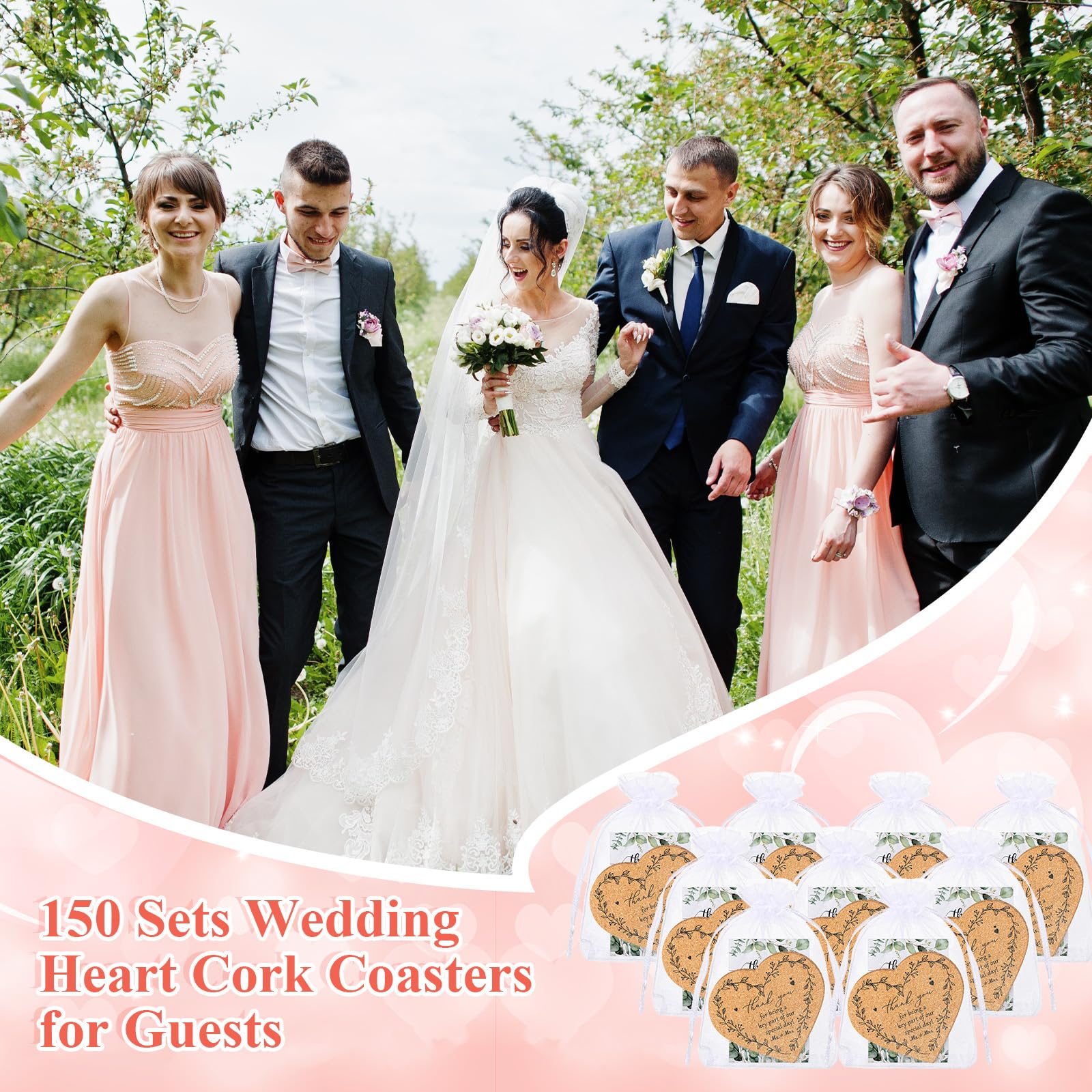 150 Sets Rustic Wedding Favor Coasters, Heart Cork Coasters for Guests, Mr & Mrs Coaster Favors with Thank You Cards & Organza Bags, Bridal Shower Party