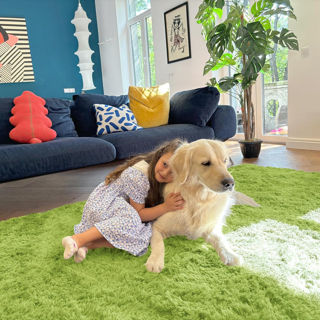 OLANLY Soft Fluffy Shaggy Bedside Rug - Machine Washable 2x3 for Bedroom & Nursery | Grass Green