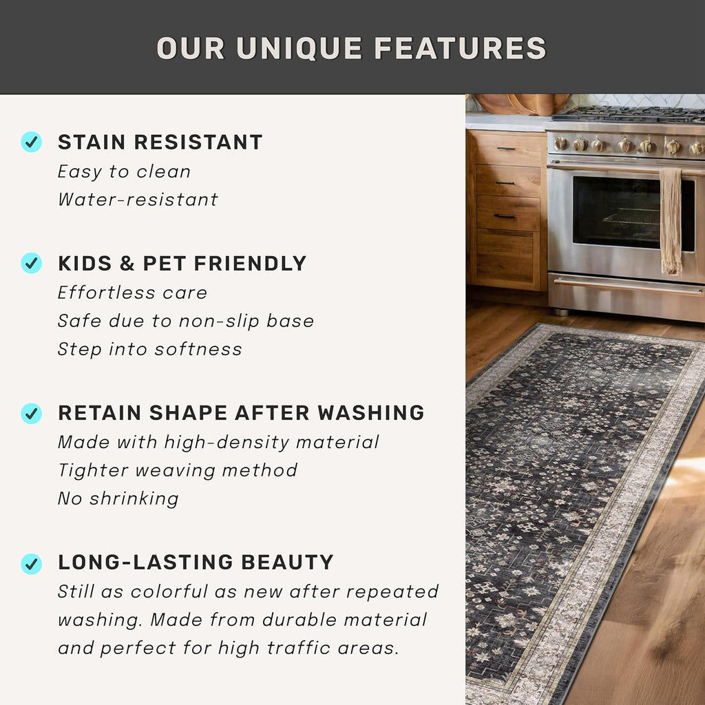 Skiennix Black Washable Entry Rug - Non-Slip Rubber Backing, Stain & Fade Resistant | 2x3 Size for Kitchen & Bathroom