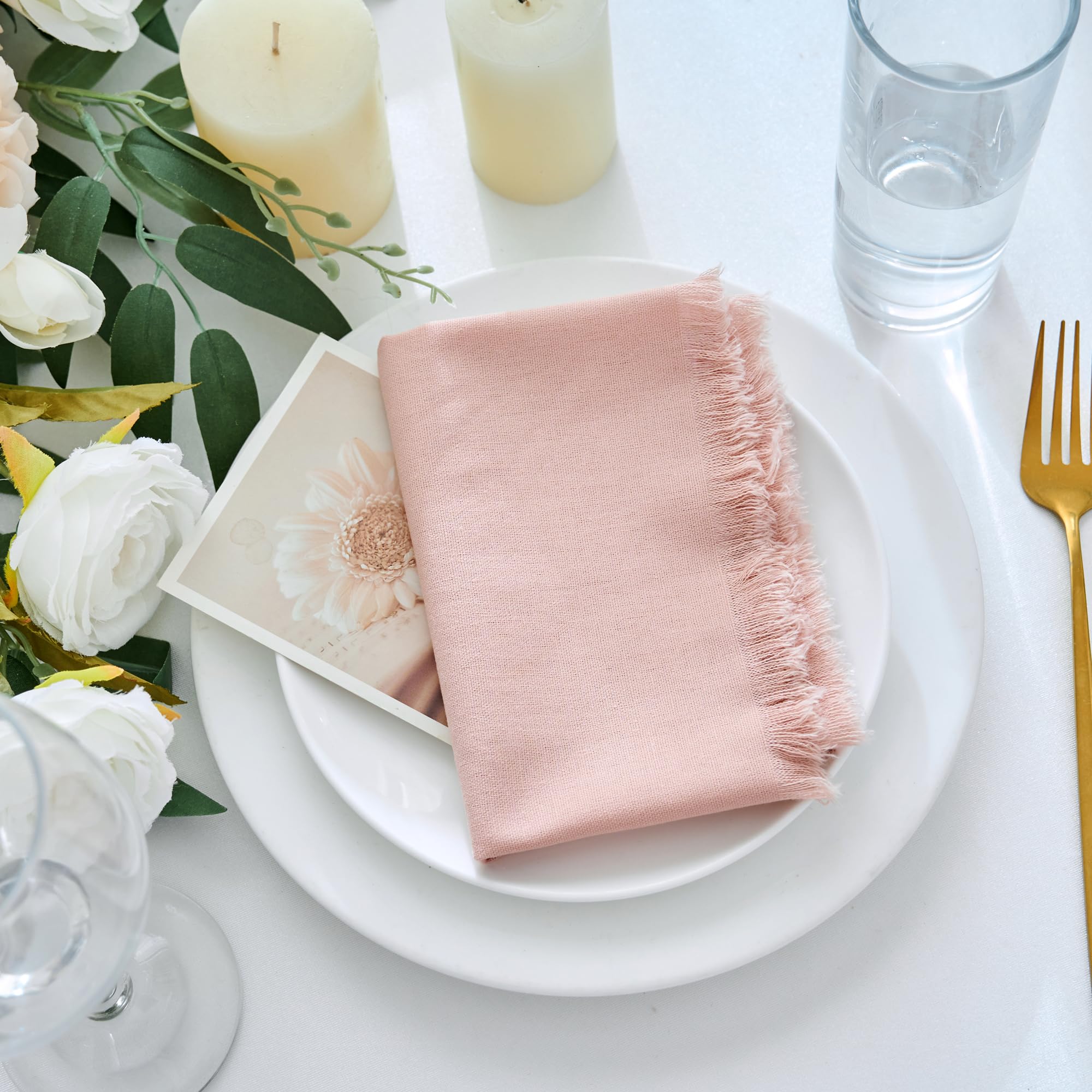 Xiomot Handmade Cotton Linen Napkins Cloth with Fringes Set of 4 17"x17" Dusty Pink Boho Dinner Table Napkins Bulk for Wedding Party Bridal Baby Shower Decoration