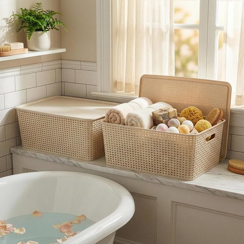 BINO Plastic Storage Baskets with Lids - 33 Liter | 3 Pack Natural | Woven Organizing Bins for Shelves