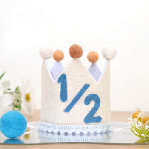 BASCT Blue and Cream 1/2 Birthday Hat for Baby Boys – Halfway to One Birthday Crown, Light Blue Felt Number Half Bday Decorations, 6 Months Milestone Party Hat for Baby Boy Photo Prop