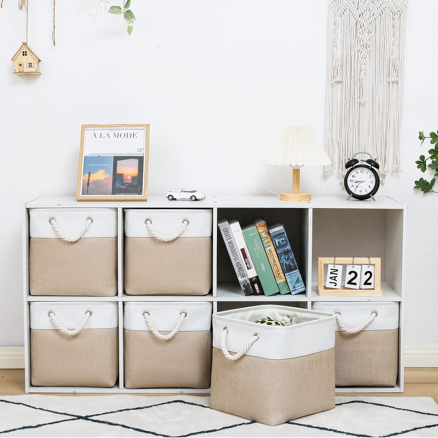 MidmmVick Cube Storage Bins - 6 Pack Large Collapsible Fabric Organizers | Foldable 11"x11" for Home & Office (White & Beige)