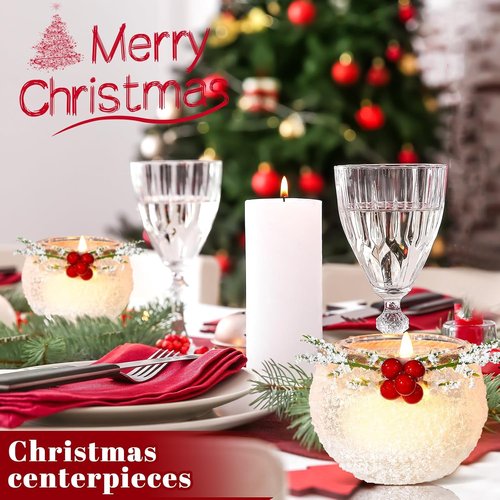 Funnymoom Christmas Votive Candle Holders - 6 Pcs Snowy Red Berry Design for Home Decor & Parties