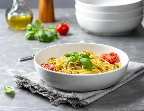 KooK Ceramic Pasta & Salad Bowls - Large Capacity, Microwave & Dishwasher Safe, Set of 4 | 40 Oz, White
