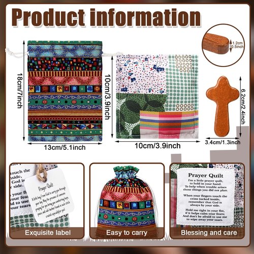 Breling 18 Pcs Mini Prayer Quilt with Cross and Drawstring Bag Inside Handmade Scripture Pocket Prayer Quilt Christian Gifts for Women for Easter Friends Father Family Pastor Appreciation