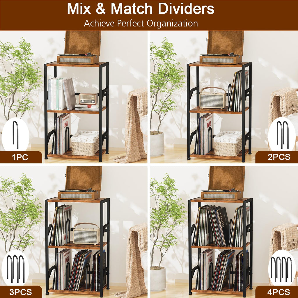LOAKEKEL Record Player Stand, Vinyl Record Storage Up to 200 Albums, 3 Tier End Table with Removable Dividers, Tall Side Table for Living Room, Bedroom, Rustic Brown, HETCD010BR-1