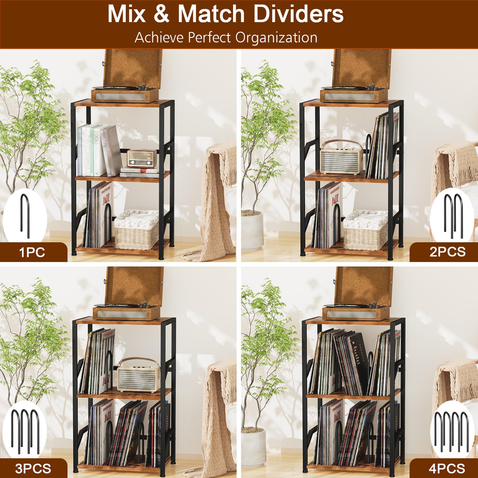 LOAKEKEL Record Player Stand, Vinyl Record Storage Up to 200 Albums, 3 Tier End Table with Removable Dividers, Tall Side Table for Living Room, Bedroom, Rustic Brown, HETCD010BR-1