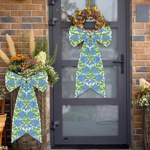 HunnmingRe Hydrangea Bow Wreath Sash - 24 x 16 Inch Christmas Decor for Front Door | Blue Green Floral Burlap