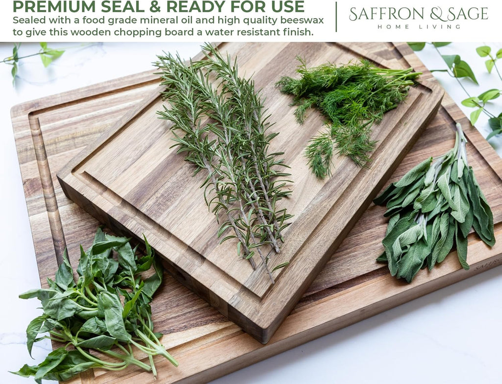 Saffron & Sage Large Wood Cutting Board - Thick 16 x 12 x 1.5 Inch Acacia with Deep Juice Groove | Reversible Chopping & Charcuterie Board