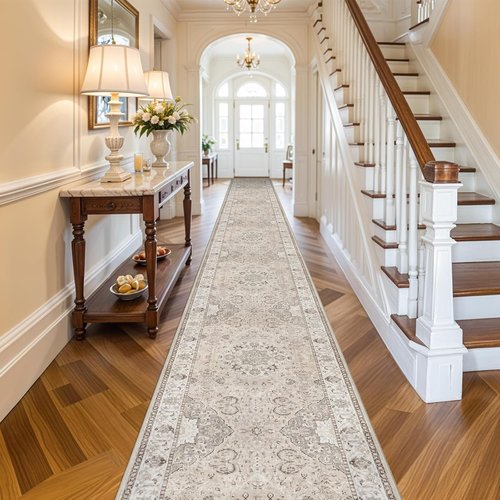 Hallway Washable Runner Rug - Vintage Non-Slip Soft Floor Mat | 3x20 Beige for Entryway & Living Room