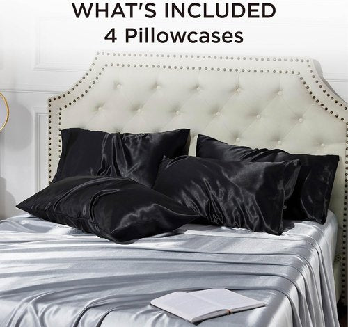 Bedsure King Size Satin Pillowcase Set of 4 - Black Pillow Covers for Hair & Skin, 20x36 Inches