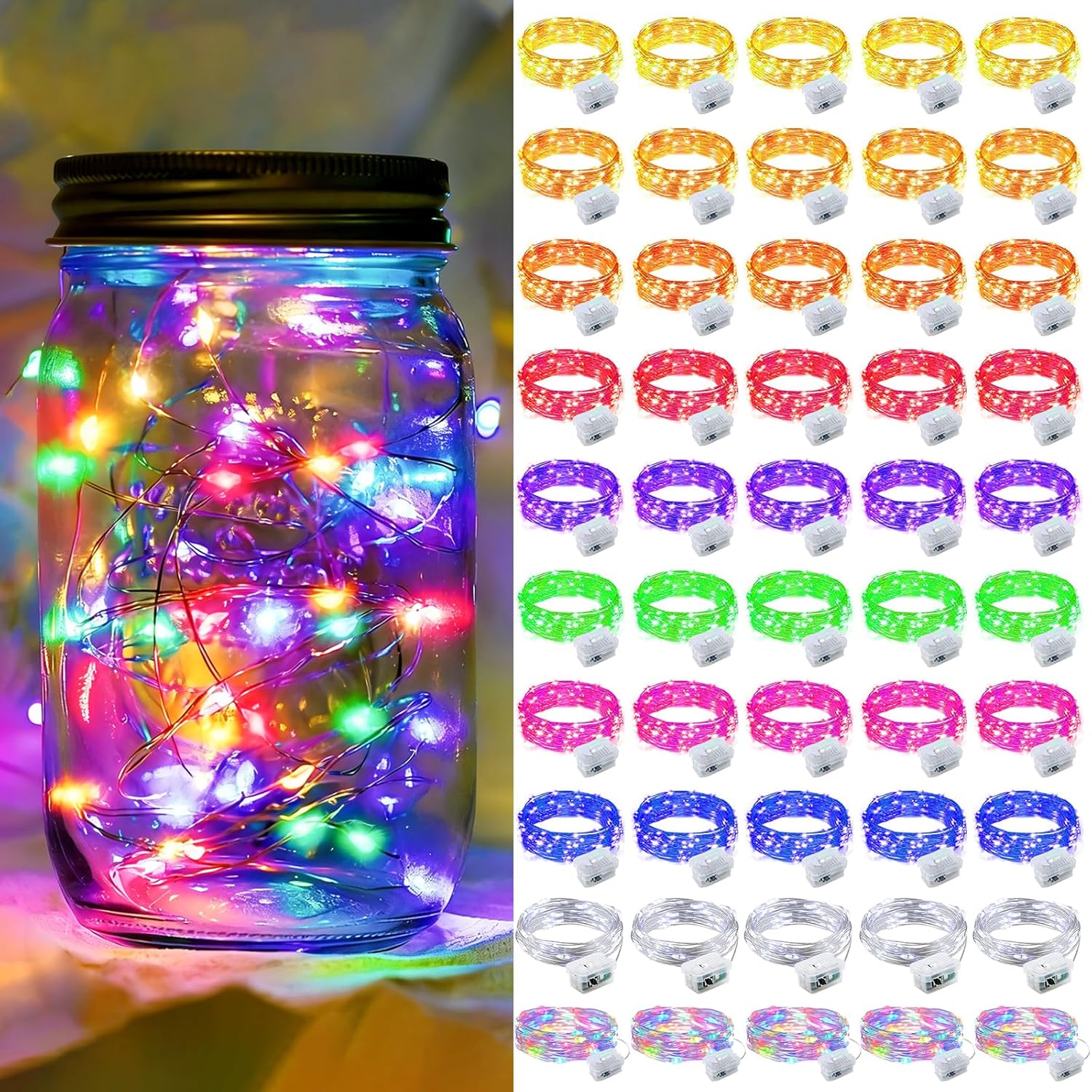 Skiennix 50 Pack Fairy Lights - 7Ft 20 LED Twinkle String Lights | Battery Operated & Waterproof for Mason Jar Decor, Weddings, Christmas & Valentine's Day - 10 Colors Available