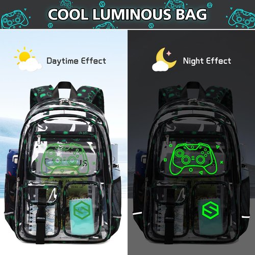 DIGOBAY 3PCS Cool Luminous Clear Backpack for Boys Kids, Gamer Bookbag for School, See Through PVC Transparent Backpacks with Lunch Bag Pencil Case, Clear Backpack Heavy Duty for School Stadium