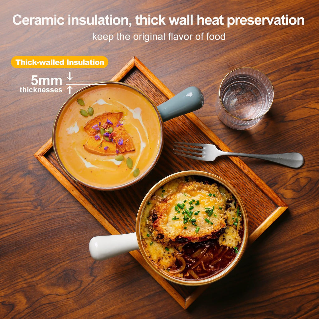 MONITO 26 Oz French Onion Soup Bowls, Ceramic Soup Bowls with Handles, Stackable Soup Crocks, Oven/Microwave/Dishwasher Safe, for Cereal, Soups, Casseroles