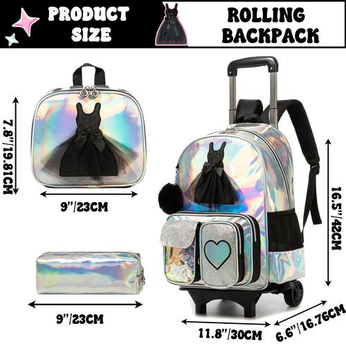 HTgroce Rolling Backpack with Wheel,School Backpack for Kids Girl Roller Schoolbag Wheeled Backpacks Set Carry-on Luggage,Black