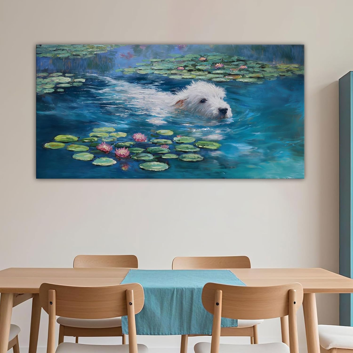 Monet Dog Wall Art - Large Framed Canvas Decor for Bedroom & Living Room - Vintage Landscape Painting 24x48 IN