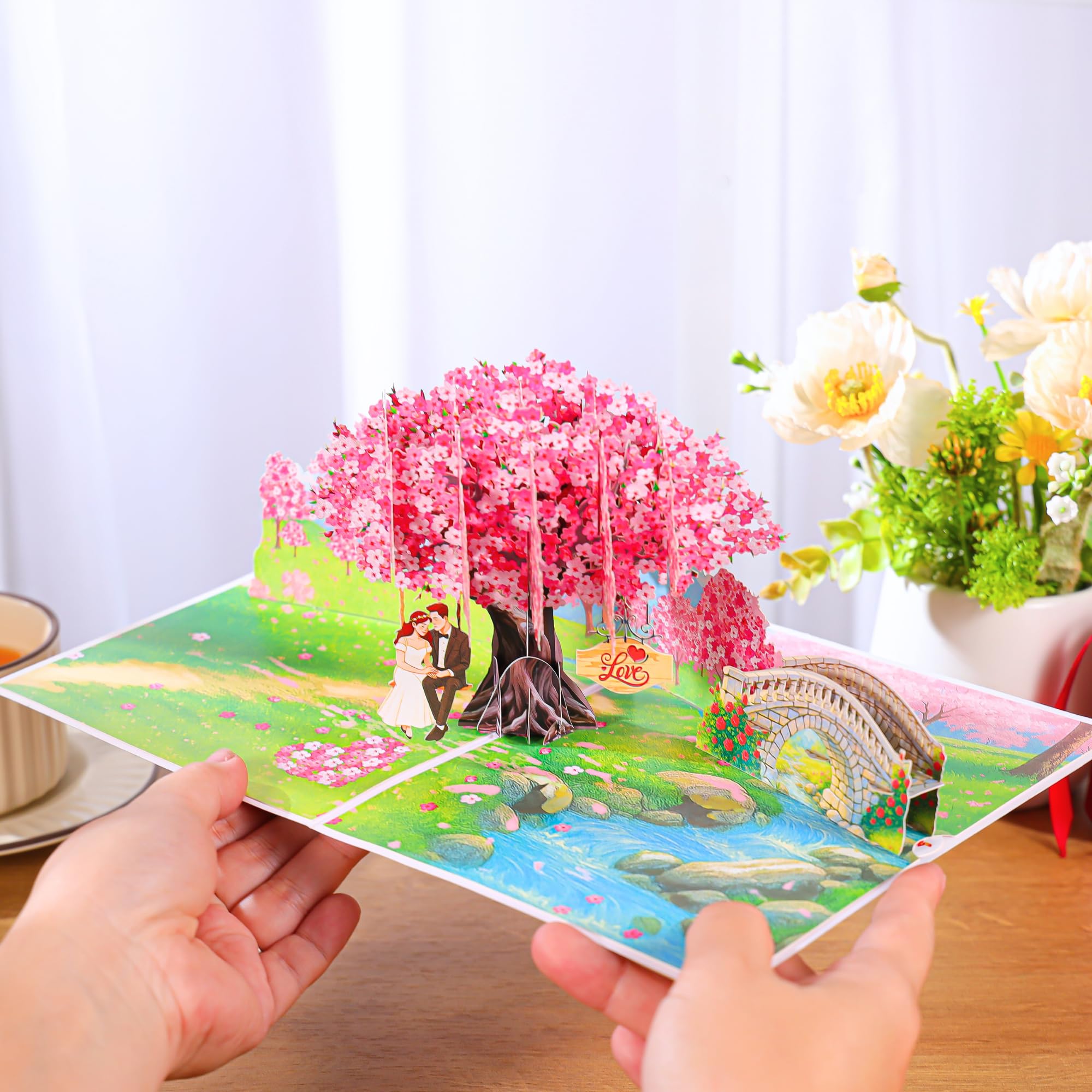 Pop Up Valentines Cards, 3D Cherry Blossoms and Swing Couple in Love, Anniversary, Wedding Cards for Wife, Husband, Her, Him, Girlfriend, Ideal Gift for Birthday, Wedding, Valentine's Day, Mothers Day
