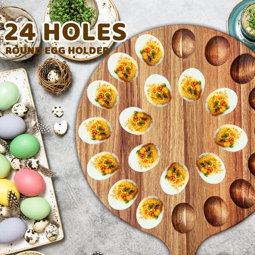 Deviled Egg Platter,Wooden Deviled Egg Tray,Reversible 24 Holes Round Egg Holder Container Charcuterie Board for Kitchen Countertops,Serving Tray(Acacia Wood)