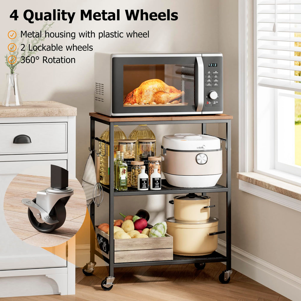 Homleke 3-Tier Rolling Kitchen Microwave Cart, Kitchen Utility Cart on Lockable Wheels, Coffee Bar Table Station with 6 S-Shaped Hooks, Small Appliance Storage Shelf, Rustic Brown and Black