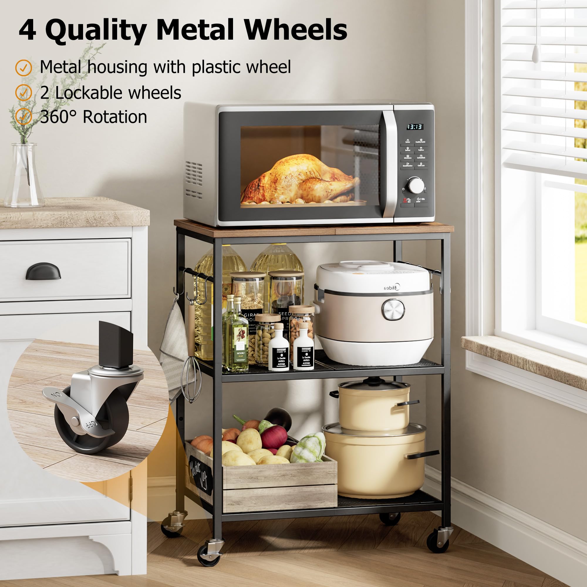 Homleke 3-Tier Rolling Kitchen Microwave Cart, Kitchen Utility Cart on Lockable Wheels, Coffee Bar Table Station with 6 S-Shaped Hooks, Small Appliance Storage Shelf, Rustic Brown and Black