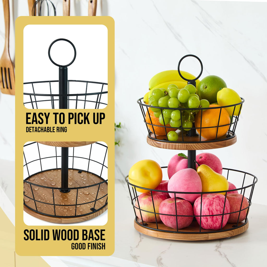 WILDMOS 2 Tier Fruit Bowl - Sturdy Iron Wire Fruit Basket with Real Wood Base, 12 Inch Large Fruit Basket for Kitchen Counter, Anti-Slip Silicone Pads, 2 Tier Fruit and Vegetable Storage Solution