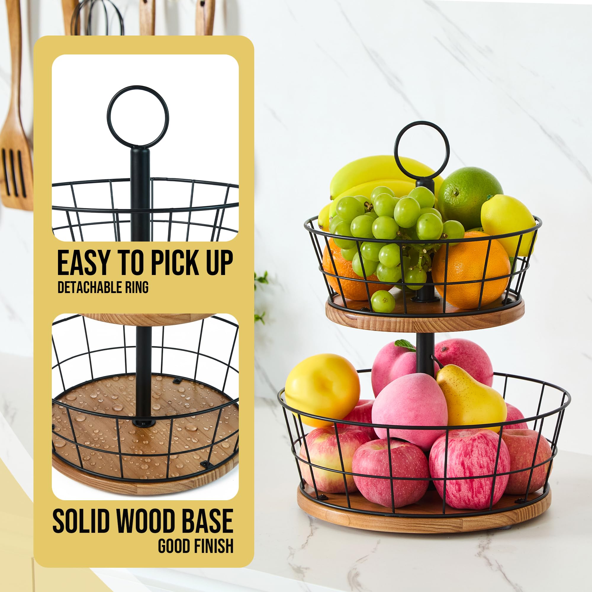 WILDMOS 2 Tier Fruit Bowl - Sturdy Iron Wire Fruit Basket with Real Wood Base, 12 Inch Large Fruit Basket for Kitchen Counter, Anti-Slip Silicone Pads, 2 Tier Fruit and Vegetable Storage Solution