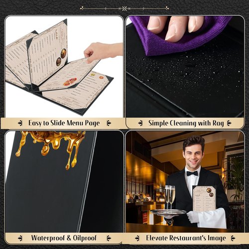 FLKQC Restaurant Menu Covers Holders 8.5" X 11" | Pack of 5 Synthetic Leather 8 View Menu Holder Covers Book Style with Angled Corners Black for Wine List (5, 8 View (8.5" x 11"))