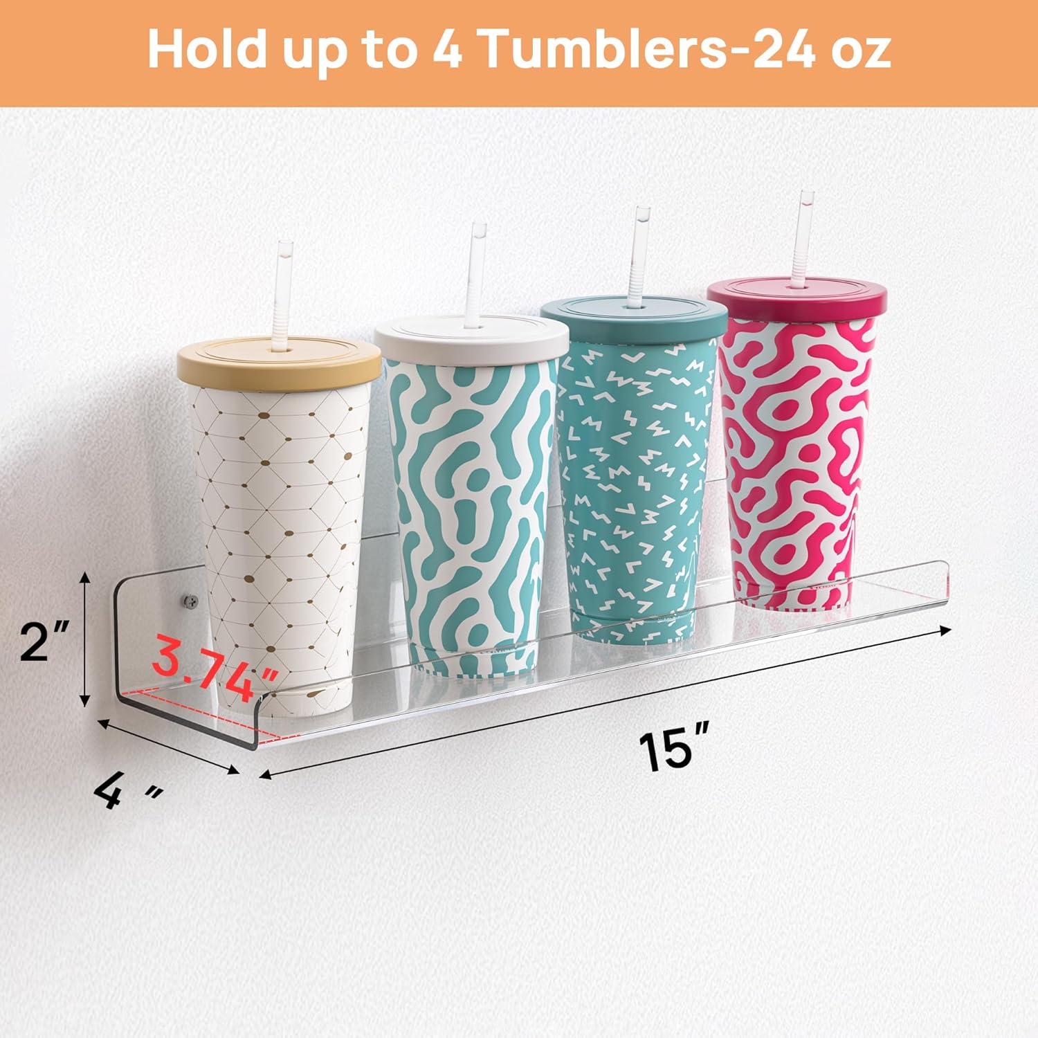 Upsimples Acrylic Floating Shelves - 15” Wall Organizer for Bathroom, Bedroom & Nursery | Clear 2-Pack