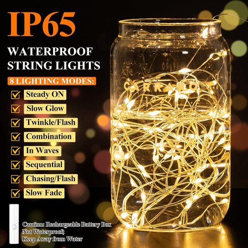 Lakumu LED Fairy Lights - Rechargeable Twinkle String Lights with Timer | 5M/16FT Warm White for Bedroom, Wedding, Decor